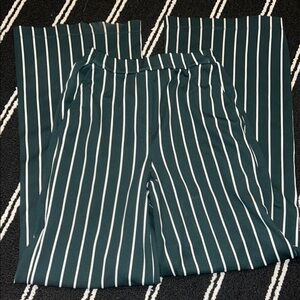 Bershka Dark Green and White Striped Wide Leg Pull On Pants